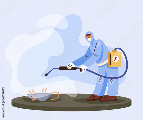 Worker in protective uniform and respirator cleans surface, cleaning room from rats and rodents. Room disinfection against pests. Vector illustration in cartoon style and blue and yellow colors