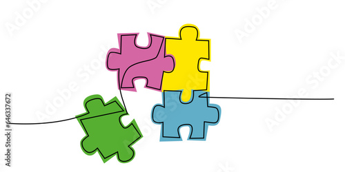 Continuous single line drawing of four colored puzzle pieces. Problem solving and solution business metaphor. One line drawing of puzzle piece for idea, business, thinking process. Editable stroke