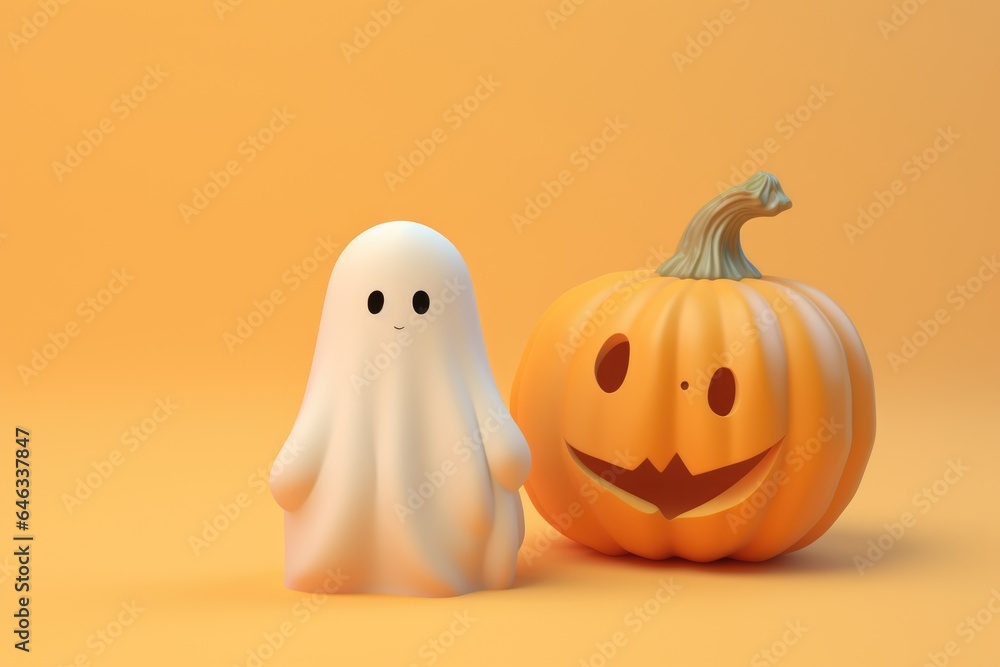 Cute little spooky ghost with the pumpking for halloween greeting card, flyer, kids party Cute little spooky ghost with the pumpking for halloween greeting card, flyer, kids party