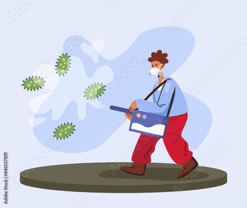 Man in respirator carry sprayer and performing room disinfection against viruses. Worker performing surface treatment. Flat vector illustration in cartoon style and blue and red colors
