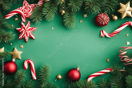 Christmas fir tree branches seasonal ornament candy canes stars creative flat lay