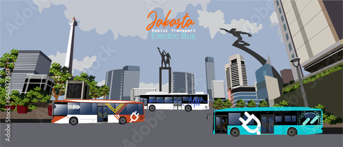 Vector illustration of electric bus and Jakarta city tour bus.