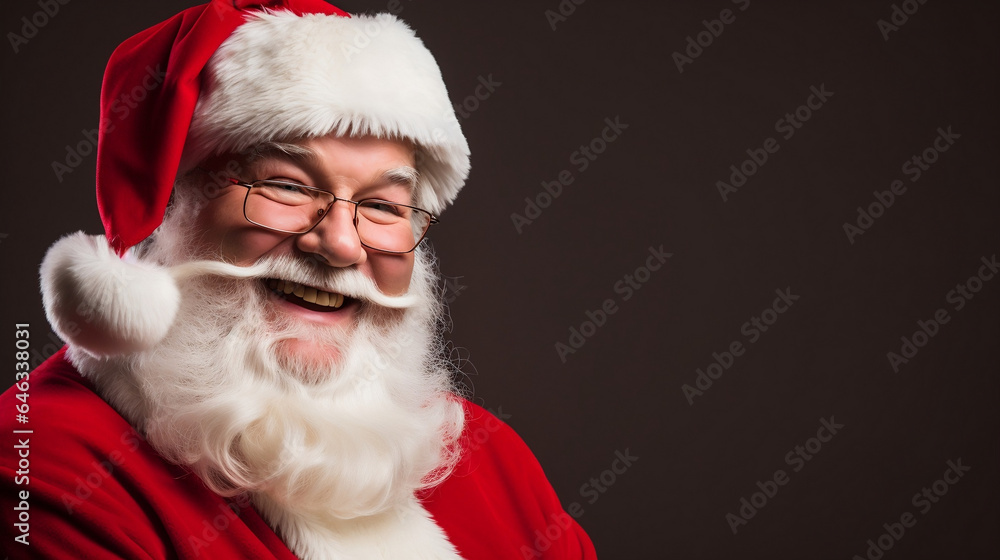 Naklejka premium Happy Santa Claus studio portrait look to the camera on black background,copy space