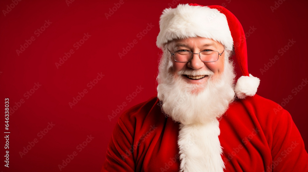 Fototapeta premium Happy Santa Claus studio portrait look to the camera on red background,copy space