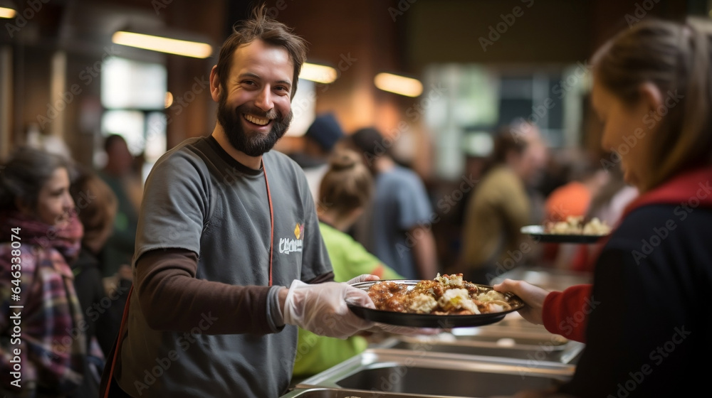 Happy volunteer serving the homeless in the social center