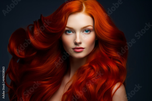Young red haired woman with gorgeous voluminous long hair, dense, hairstyle. hair dye, hairstyle