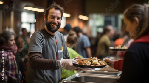 Happy volunteer serving the homeless in the social center