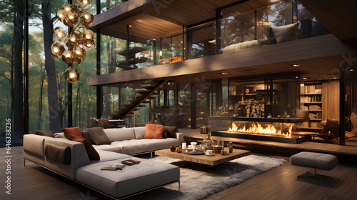 Modern living room with a fireplace in the forest © D-Stock Photo