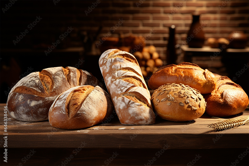 fresh baked bread, bagette, round bread, rustic backgrounds, generated by AI