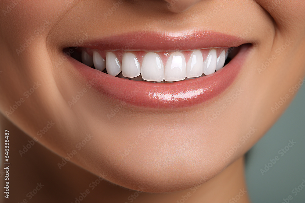 Fototapeta premium White teeth smile close ups, bright and perfect, generated by AI
