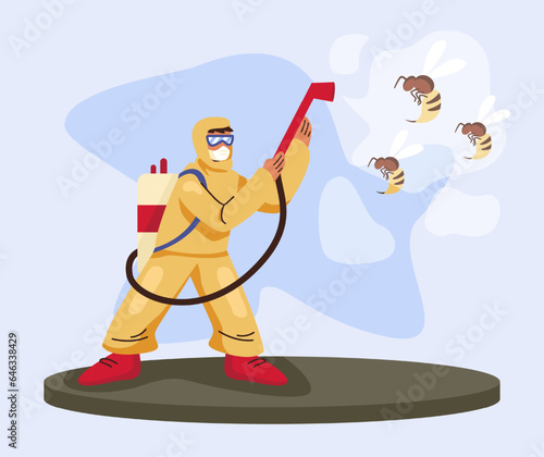 Man in protective uniform and respirator sprays air against bee. Room disinfection against insect. Flat vector illustration in cartoon style and blue and yellow colors