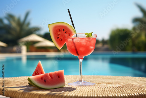Watermelon cocktail at swimming pool on background. Summer banner, generated ...
