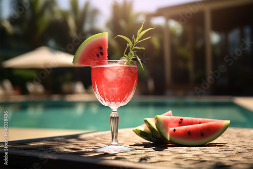 Watermelon cocktail at swimming pool on background. Summer banner, generated ...