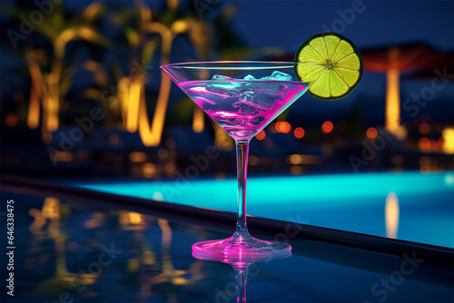 Cocktail by the pool in neon lights, generated by AI