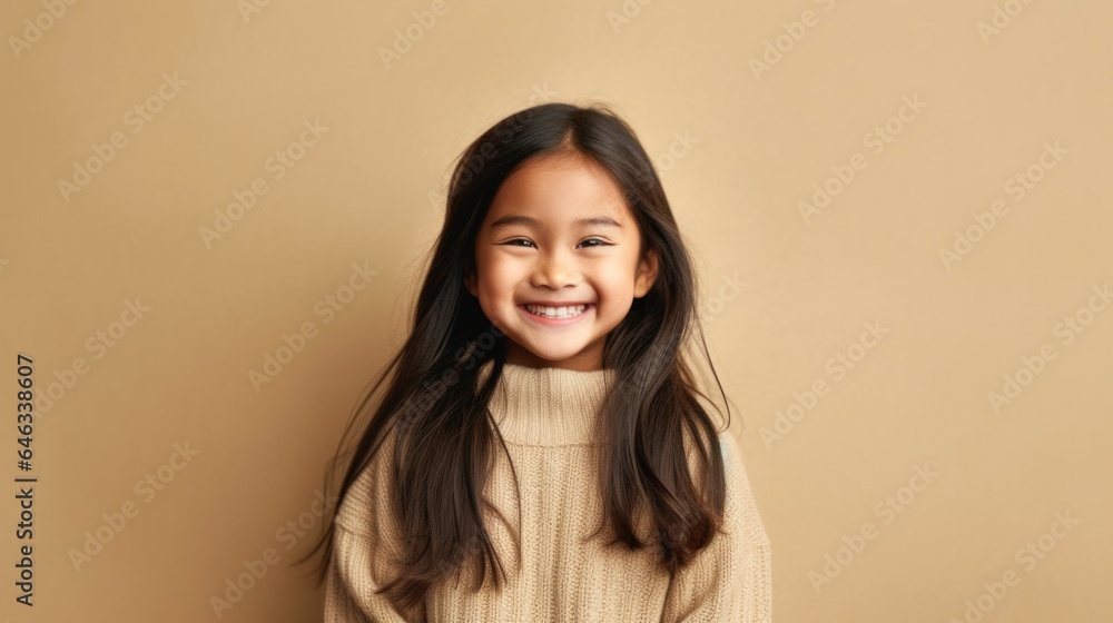 Portrait of a cheerful young girl with a toothy smile, in neutral clothing, in a beige studio. Generative AI Portrait of a cheerful young girl with a toothy smile, in neutral clothing, in a beige studio. Generative AI