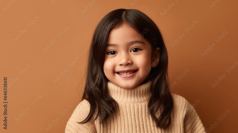 Cute brunette girl beams with joy in a beige studio. Generative AI Cute brunette girl beams with joy in a beige studio. Generative AI