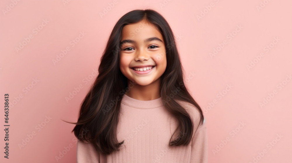 Happy little girl smiles in neutral clothes against beige backdrop. Generative AI Happy little girl smiles in neutral clothes against beige backdrop. Generative AI