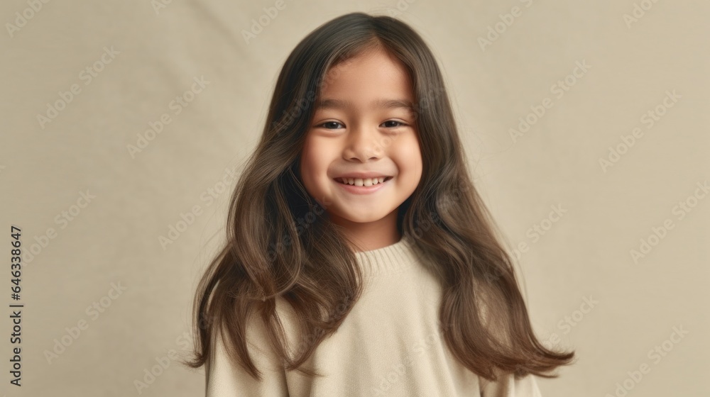 Joyful child with a toothy smile poses in a beige studio while wearing neutral attire. Generative AI Joyful child with a toothy smile poses in a beige studio while wearing neutral attire. Generative AI