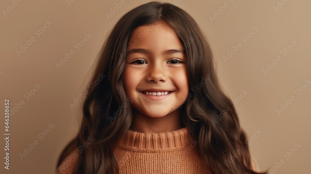 Little girl in a studio setting, dressed neutrally, exudes joy with her smile against a beige background. Generative AI Little girl in a studio setting, dressed neutrally, exudes joy with her smile against a beige background. Generative AI