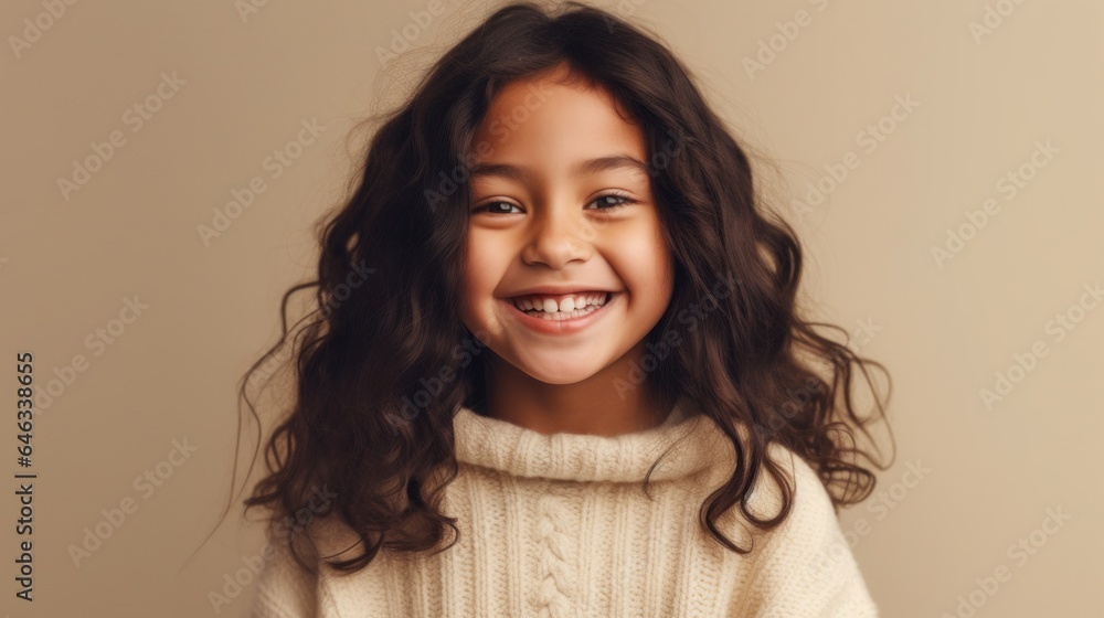 Cute brunette girl beams with joy in a beige studio. Generative AI Cute brunette girl beams with joy in a beige studio. Generative AI