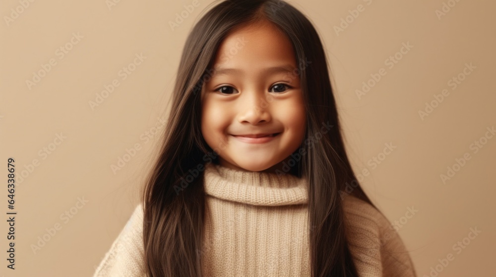 Smiling girl poses happily in beige studio. Generative AI Smiling girl poses happily in beige studio. Generative AI