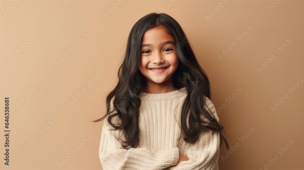 Beaming brunette girl in beige setting. Generative AI Beaming brunette girl in beige setting. Generative AI