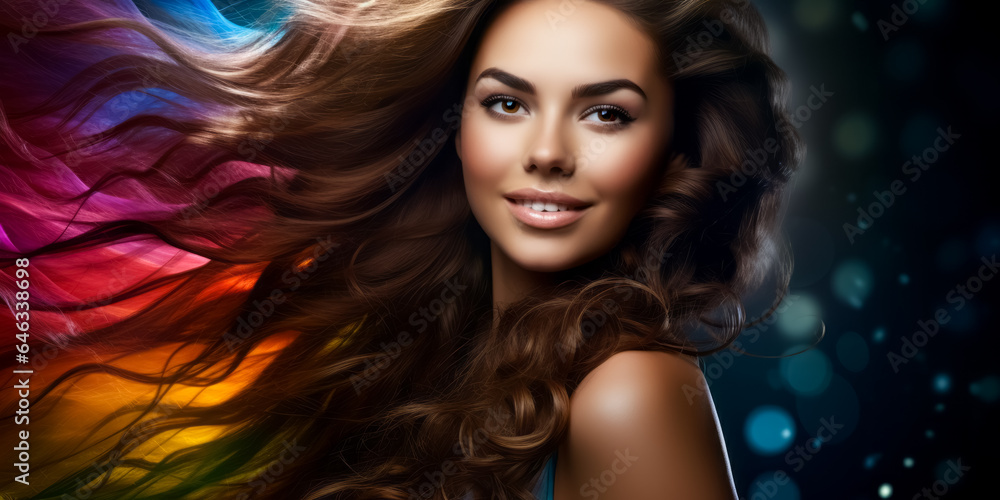 Brunette girl with long and shiny wavy hair on rainbow background. hairstyle, hair care concept Brunette girl with long and shiny wavy hair on rainbow background. hairstyle, hair care concept