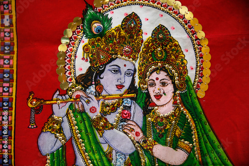 Ganesh festival in Paris, France. Radha and Krishna tapestry.