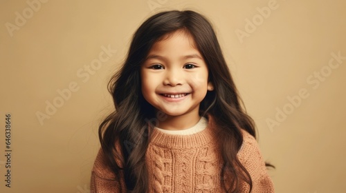 Little girl in a studio setting, dressed neutrally, exudes joy with her smile against a beige background. Generative AI