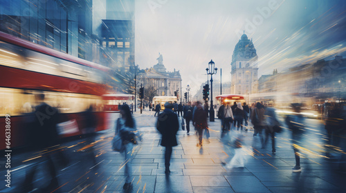 Motion blur of people commuting in busy street. 