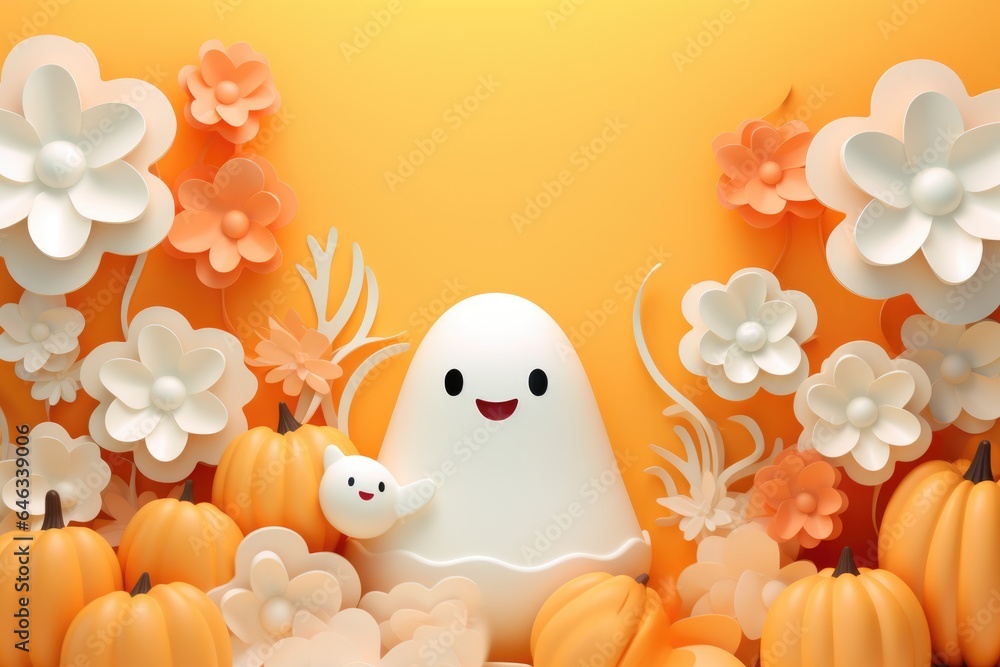 Cute little spooky ghost with the pumpking for halloween greeting card, flyer, kids party Cute little spooky ghost with the pumpking for halloween greeting card, flyer, kids party