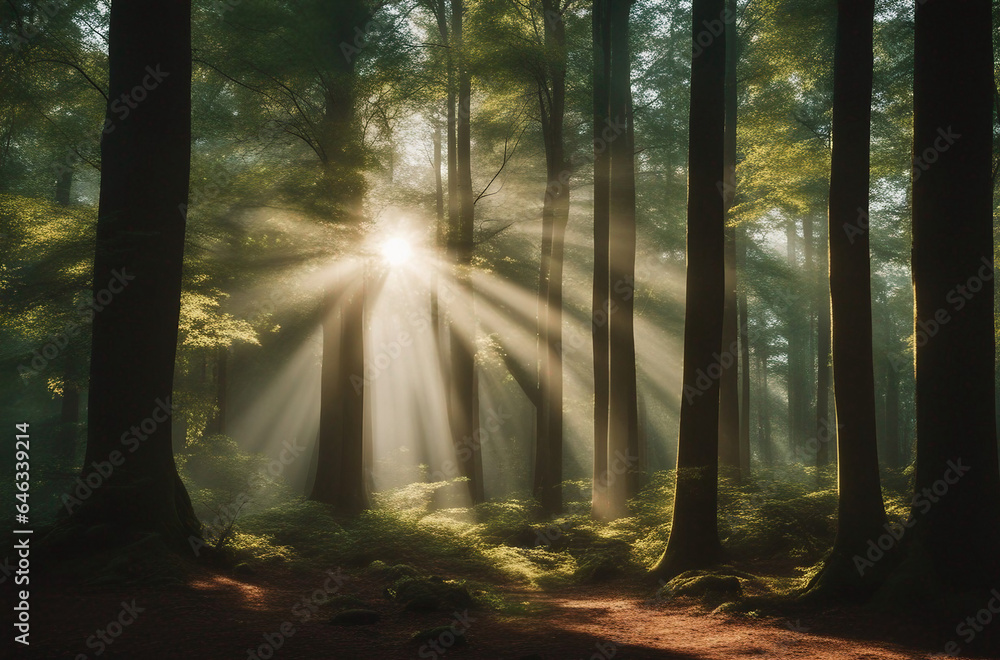 A dense enchanted forest with towering trees and rays of sunlight piercing through the canopy