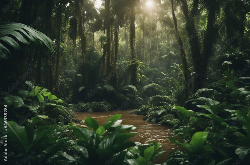 A lush rainforest scene in the Amazon basin teeming with exotic plants and wildlife