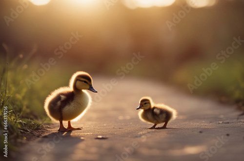 A fluffy baby duckling following its mother in a straight line © ArtisticLens