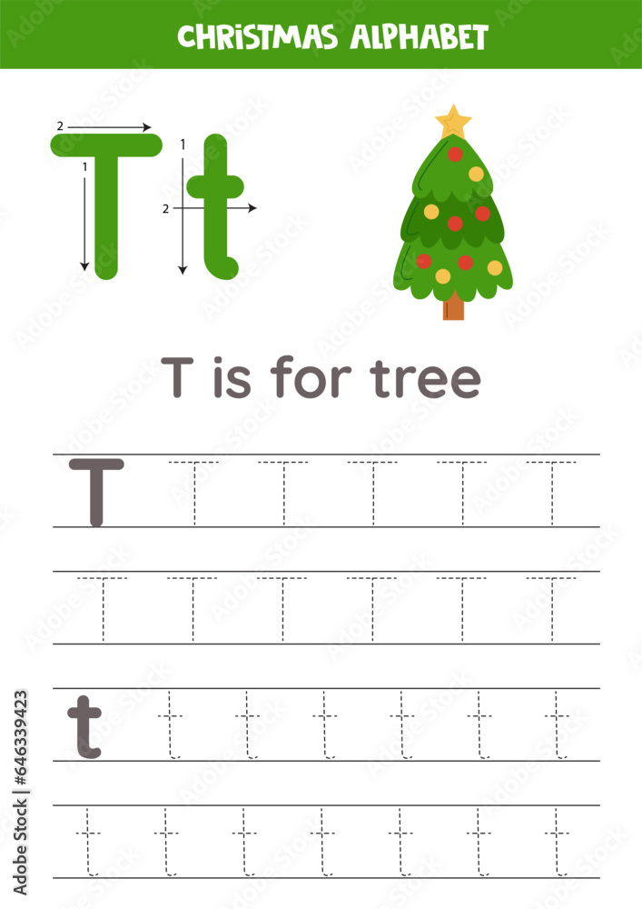 Tracing alphabet letters for kids. Christmas alphabet. T is for tree.