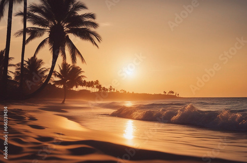 A serene beach at sunset featuring palm trees  gentle waves  and a warm golden glow
