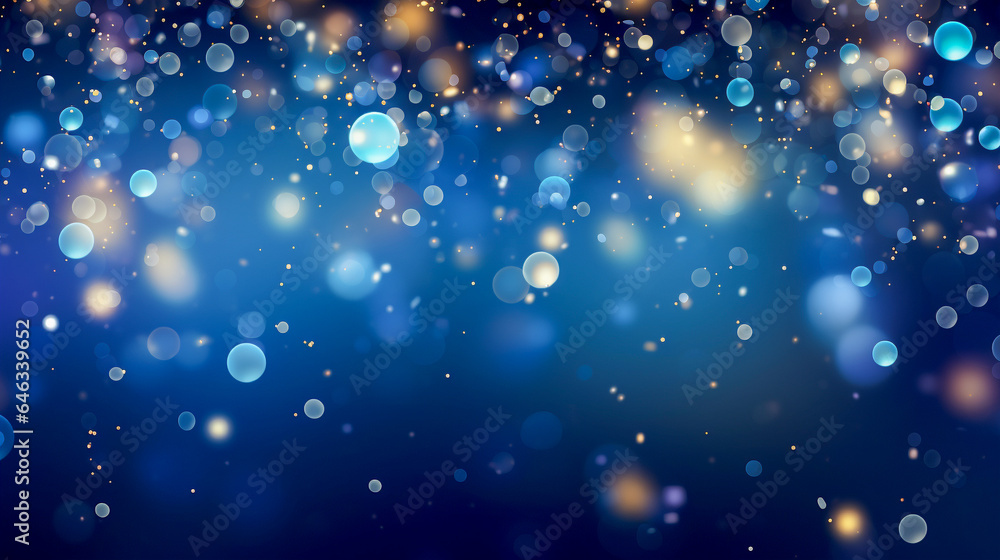 Empty blue festive wide background with colorful  bokeh and glitter. Use for invitation, social media banner, card. Christmas and New Year concept. - obrazy, fototapety, plakaty 