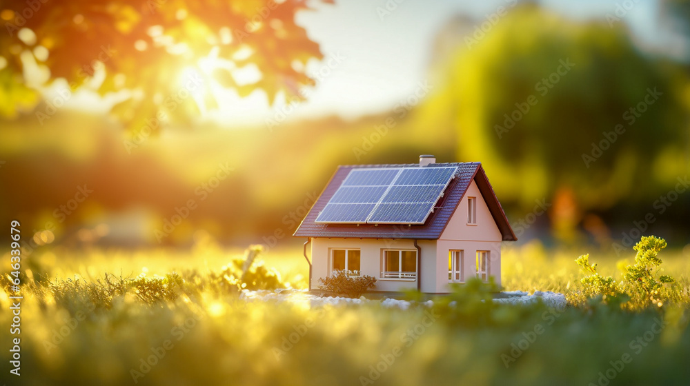 Miniature house with solar panels on roof at sunset. Concept of renewable energy and alternative energy ideas. Generative AI illustration.