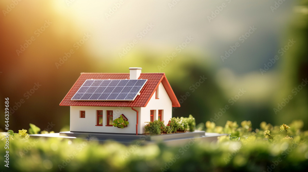 Miniature house with solar panels on roof at sunset. Concept of renewable energy and alternative energy ideas. Generative AI illustration. Miniature house with solar panels on roof at sunset. Concept of renewable energy and alternative energy ideas. Generative AI illustration.