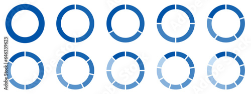 Circles divided diagram 3, 10, 7, graph icon pie shape section chart. Segment circle round vector 6, 9 devide infographic.