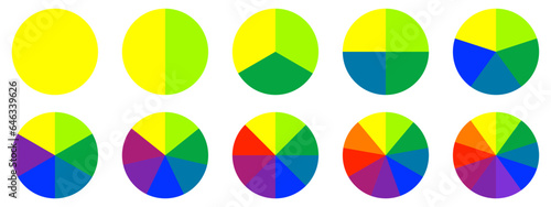 Circles divided diagram 3, 10, 7, graph icon pie shape section chart. Segment circle round vector 6, 9 devide infographic.