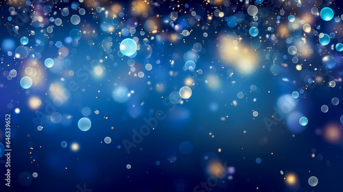 Empty blue festive wide background with colorful  bokeh and glitter. Use for invitation, social media banner, card. Christmas and New Year concept.
