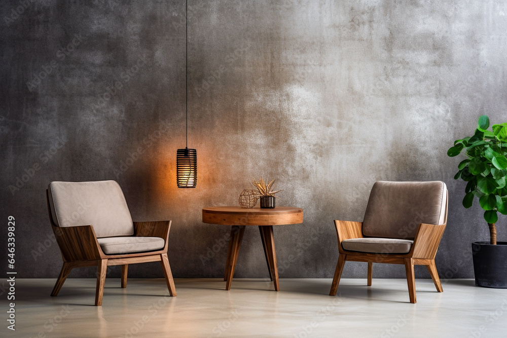 Room with wooden armchairs, beige pillows. Green plant in a pot, lamp and a small table. Empty plastered concrete wall. Front view background. Interior and studio concept. AI generative illustration. Room with wooden armchairs, beige pillows. Green plant in a pot, lamp and a small table. Empty plastered concrete wall. Front view background. Interior and studio concept. AI generative illustration.