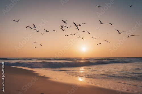 serene beach at sunrise with gentle waves lapping against the shore and seagulls soaring in the sky