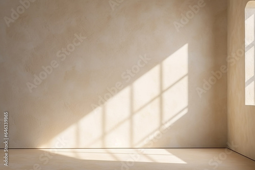 Front view of empty room with shadow and light from window. Off white plastered grungy wall and floor. Interior and studio concept. AI generative illustration.