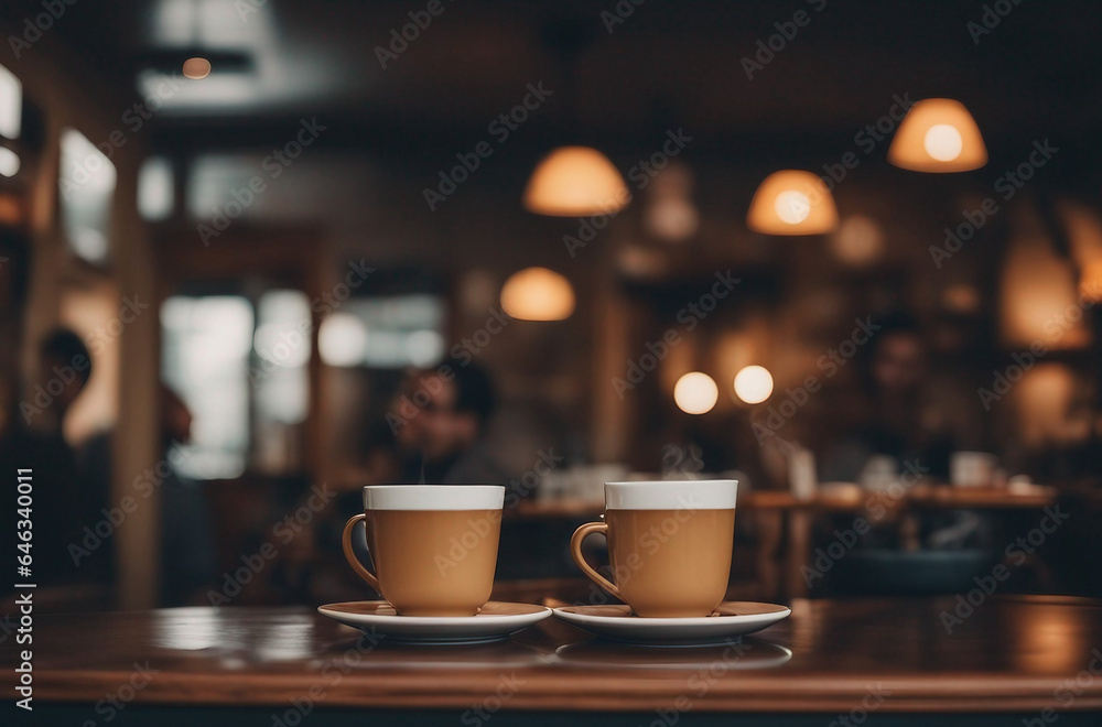 A cozy coffee shop on a rainy day with steaming mugs and p - obrazy, fototapety, plakaty 