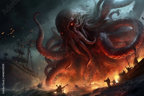 A monstrous Kraken attacks a ship. Great for stories on mythology, sci-fi, adventure, maritime lore, fantasy and more. 