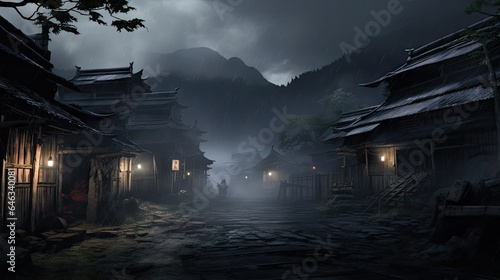 A samurai stands in the alley of an old house in the Kicho Valley at night.Generated with AI