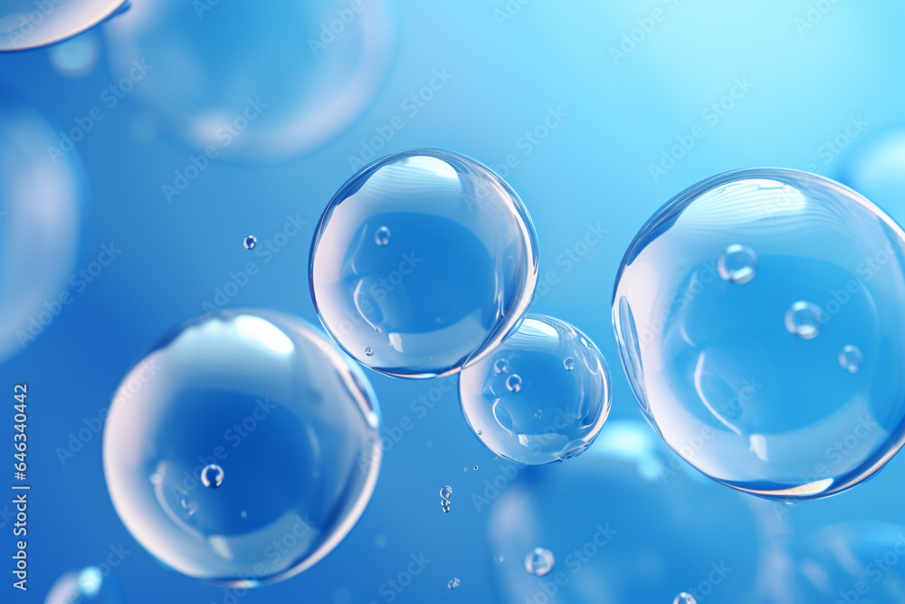 Close up of water with bubbles on a blue background for cosmetic background.Created with Generative AI technology. Close up of water with bubbles on a blue background for cosmetic background.Created with Generative AI technology.