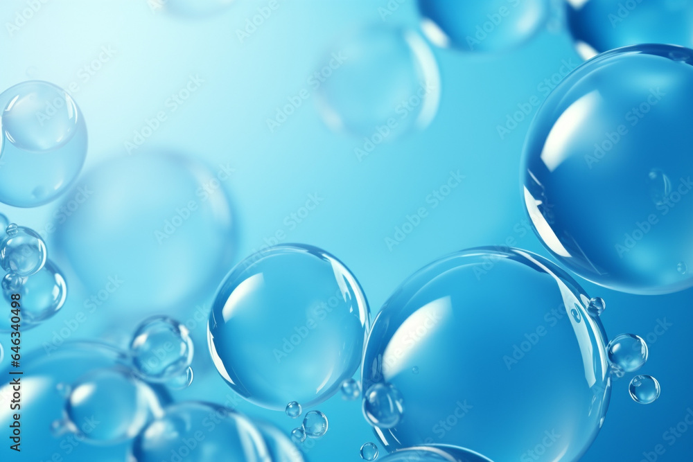 Close up of water with bubbles on a blue background for cosmetic background.Created with Generative AI technology.